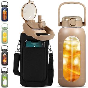 Glass Water Bottles 64 oz - Large Half Gallon Motivational Water Bottle with Time Marker Straw Phone Holder Handle, 64oz Daily Water Intake Jug with Silicone Sleeve for Office Work Gym Aqua
