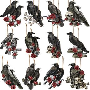 Bencailor 24 Pcs Halloween Hanging Ornaments Bloody Beware Warning Decorations Wooden Halloween Decorations for Tree Halloween Decor Scary Theme Graves Party Supplies for Indoor Home Party (Crow)
