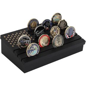 Challenge Coin Display Case, Wooden Military Coin Display Stand Rack Army Coins Holder 6 Rows with Removable Lid American Flag Coins Storage Box