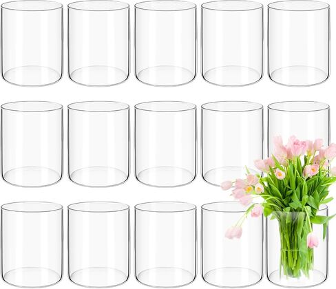 15 Pack Glass Cylinder Vases Clear Flower Vases 4 Inch, Glass Hurricane Candle Holder Wedding Decorations, Modern Floating Candle Vase for Party Home Decor(3.35 x 4 Inch) in Kuwait