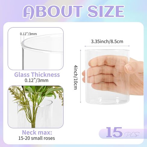 15 Pack Glass Cylinder Vases Clear Flower Vases 4 Inch, Glass Hurricane Candle Holder Wedding Decorations, Modern Floating Candle Vase for Party Home Decor(3.35 x 4 Inch) in Kuwait