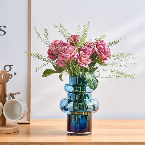Flower Vase 9 inch Blue Glass Vase Thickened,for Bookshelf,Dinner Table,Office Desktop,Meeting Room,Bathroom,Centerpiece Countertop,Home Decor in Saudi Arabia