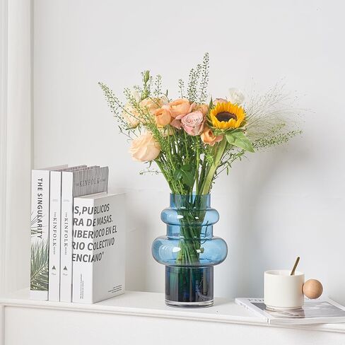 Flower Vase 9 inch Blue Glass Vase Thickened,for Bookshelf,Dinner Table,Office Desktop,Meeting Room,Bathroom,Centerpiece Countertop,Home Decor in Saudi Arabia