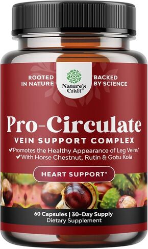 مكملات دعم الأوردة للساق والأوردة - مكمل للدورة الدموية لكامل الجسم للعروق العنكبوتية والدوالي وتحسين التدفق مع مستخلص كستناء الحصان والفلافونويد - قبعات نباتية صغيرة غير معدلة وراثيًا (شهر واحد) in Kuwait