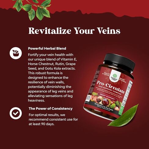 مكملات دعم الأوردة للساق والأوردة - مكمل للدورة الدموية لكامل الجسم للعروق العنكبوتية والدوالي وتحسين التدفق مع مستخلص كستناء الحصان والفلافونويد - قبعات نباتية صغيرة غير معدلة وراثيًا (شهر واحد) in Kuwait