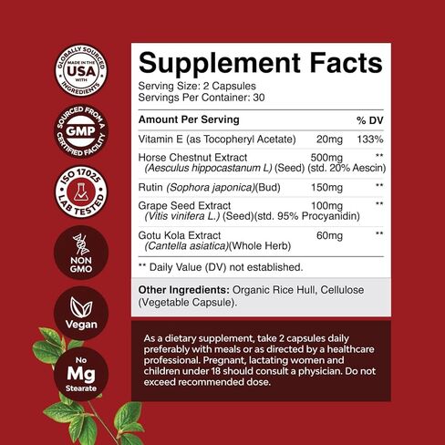 مكملات دعم الأوردة للساق والأوردة - مكمل للدورة الدموية لكامل الجسم للعروق العنكبوتية والدوالي وتحسين التدفق مع مستخلص كستناء الحصان والفلافونويد - قبعات نباتية صغيرة غير معدلة وراثيًا (شهر واحد) in Kuwait
