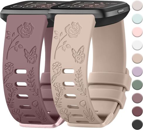 2 Pack Butterfly Rose Engraved Bands Compatible with Fitbit Versa 2 Bands for Women, Silicone Elegant Floral Pattern Replacement for Fitbit Versa 2 in Saudi Arabia