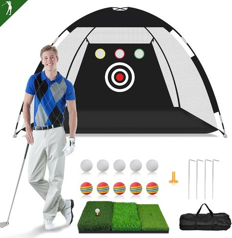 Golf Net, 10x7ft Golf Practice Net, Quick Setup, Heavy Duty Golf Hitting Net Indoor Outdoor with Multi-Target/Tri-Turf Mat/Carry Bag for Golf Training Aid Chipping Driving Swing Trainer, Durable in Saudi Arabia