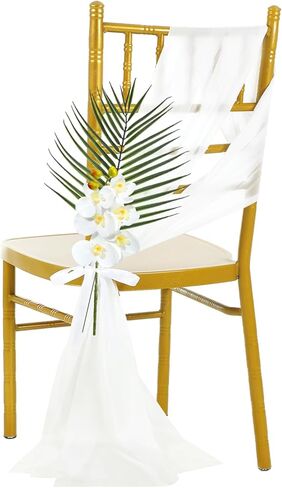12 مجموعة من ديكورات كراسي ممر الزفاف لحفلات الزفاف وزهور ديكور من الشيفون أوشحة كرسي شيفون مع سيقان أوركيد صناعية وأوراق نخيل أريكا لكرسي الكنيسة الممر السائبة in Kuwait