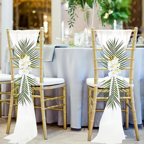 12 مجموعة من ديكورات كراسي ممر الزفاف لحفلات الزفاف وزهور ديكور من الشيفون أوشحة كرسي شيفون مع سيقان أوركيد صناعية وأوراق نخيل أريكا لكرسي الكنيسة الممر السائبة in Kuwait