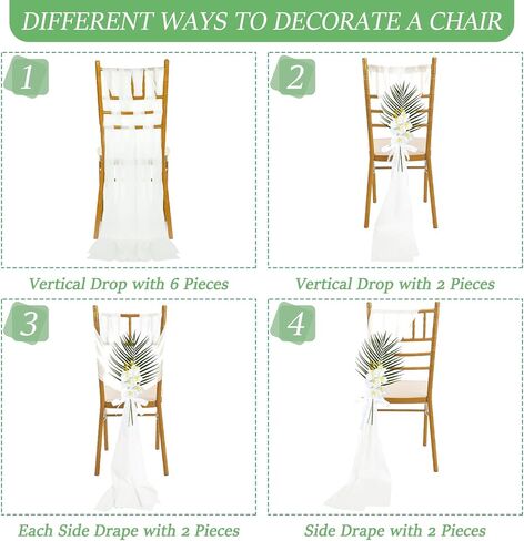 12 مجموعة من ديكورات كراسي ممر الزفاف لحفلات الزفاف وزهور ديكور من الشيفون أوشحة كرسي شيفون مع سيقان أوركيد صناعية وأوراق نخيل أريكا لكرسي الكنيسة الممر السائبة in Kuwait