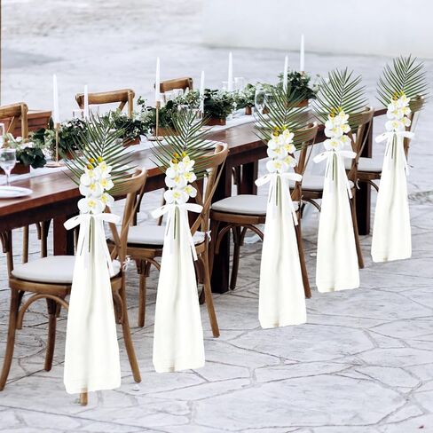 12 مجموعة من ديكورات كراسي ممر الزفاف لحفلات الزفاف وزهور ديكور من الشيفون أوشحة كرسي شيفون مع سيقان أوركيد صناعية وأوراق نخيل أريكا لكرسي الكنيسة الممر السائبة in Kuwait