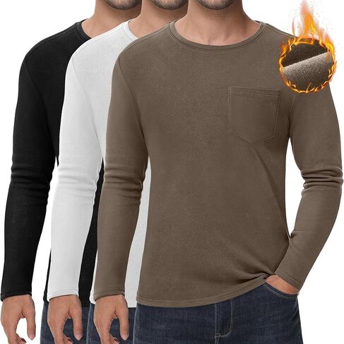 Riyiper 3 Pack Men's Long Sleeve Thermal T-Shirts with Pocket DE Velvet Crew Neck Casual Top Fall Winter Basic Tee in Kuwait