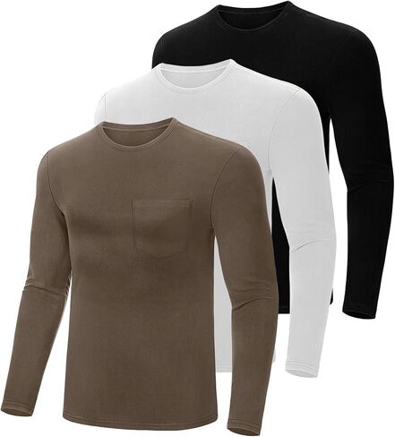 Riyiper 3 Pack Men's Long Sleeve Thermal T-Shirts with Pocket DE Velvet Crew Neck Casual Top Fall Winter Basic Tee in Kuwait