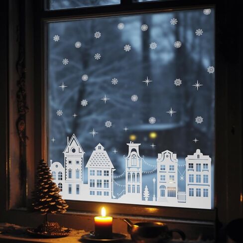 funlife Transparent Christmas Border Window Film, Decorative Double Sided Thickened Static Cling Glass Covering for Home Party Decor, White Sketch Winter Town with Snowflakes in Saudi Arabia