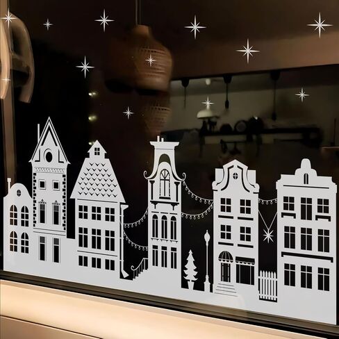 funlife Transparent Christmas Border Window Film, Decorative Double Sided Thickened Static Cling Glass Covering for Home Party Decor, White Sketch Winter Town with Snowflakes in Saudi Arabia