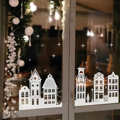 funlife Transparent Christmas Border Window Film, Decorative Double Sided Thickened Static Cling Glass Covering for Home Party Decor, White Sketch Winter Town with Snowflakes in Saudi Arabia