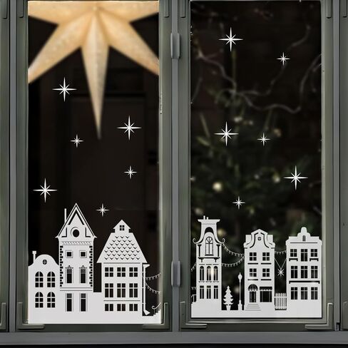 funlife Transparent Christmas Border Window Film, Decorative Double Sided Thickened Static Cling Glass Covering for Home Party Decor, White Sketch Winter Town with Snowflakes in Saudi Arabia