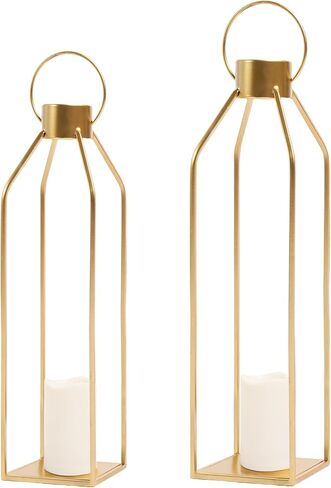HPC Decor Modern Farmhouse Lantern Decor- Gold Metal Candle Lanterns for Christmas- Lanterns Decorative w/Timer Flickering Candles for Living Room, Home, Indoor, Outdoor, Table,Fireplace Mantle Decor in Saudi Arabia