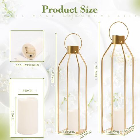 HPC Decor Modern Farmhouse Lantern Decor- Gold Metal Candle Lanterns for Christmas- Lanterns Decorative w/Timer Flickering Candles for Living Room, Home, Indoor, Outdoor, Table,Fireplace Mantle Decor in Saudi Arabia