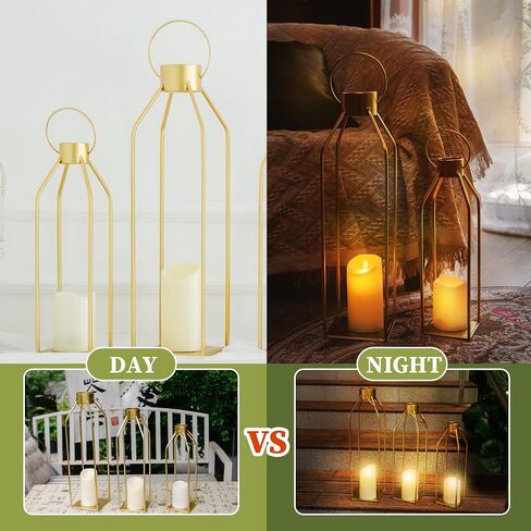 HPC Decor Modern Farmhouse Lantern Decor- Gold Metal Candle Lanterns for Christmas- Lanterns Decorative w/Timer Flickering Candles for Living Room, Home, Indoor, Outdoor, Table,Fireplace Mantle Decor in Saudi Arabia