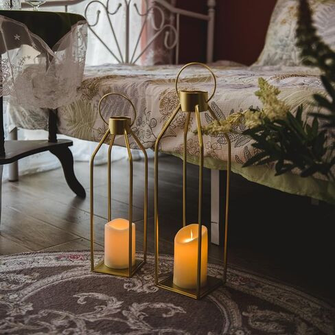HPC Decor Modern Farmhouse Lantern Decor- Gold Metal Candle Lanterns for Christmas- Lanterns Decorative w/Timer Flickering Candles for Living Room, Home, Indoor, Outdoor, Table,Fireplace Mantle Decor in Saudi Arabia