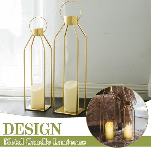 HPC Decor Modern Farmhouse Lantern Decor- Gold Metal Candle Lanterns for Christmas- Lanterns Decorative w/Timer Flickering Candles for Living Room, Home, Indoor, Outdoor, Table,Fireplace Mantle Decor in Saudi Arabia