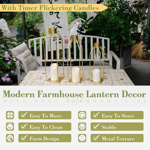 HPC Decor Modern Farmhouse Lantern Decor- Gold Metal Candle Lanterns for Christmas- Lanterns Decorative w/Timer Flickering Candles for Living Room, Home, Indoor, Outdoor, Table,Fireplace Mantle Decor in Saudi Arabia