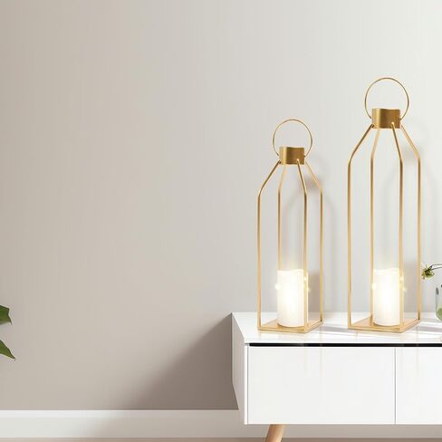 HPC Decor Modern Farmhouse Lantern Decor- Gold Metal Candle Lanterns for Christmas- Lanterns Decorative w/Timer Flickering Candles for Living Room, Home, Indoor, Outdoor, Table,Fireplace Mantle Decor in Saudi Arabia
