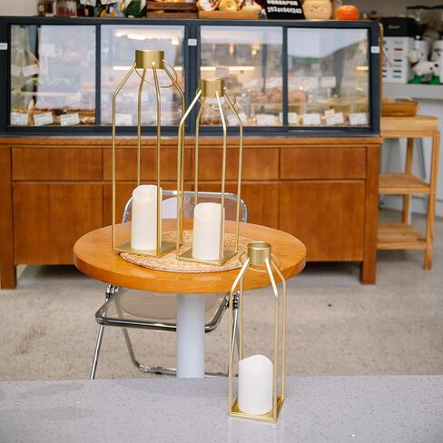HPC Decor Modern Farmhouse Lantern Decor- Gold Metal Candle Lanterns for Christmas- Lanterns Decorative w/Timer Flickering Candles for Living Room, Home, Indoor, Outdoor, Table,Fireplace Mantle Decor in Saudi Arabia