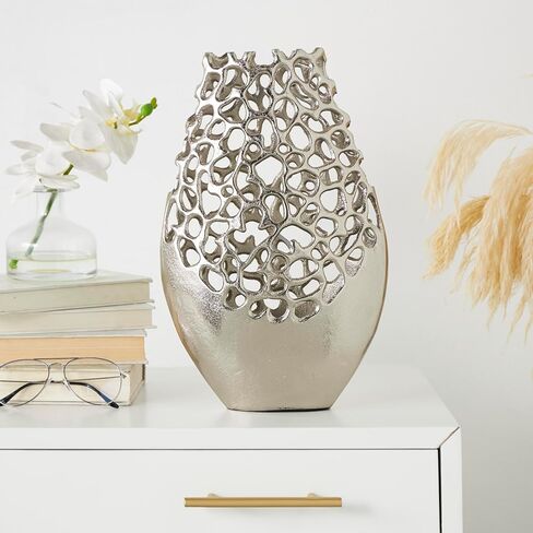 Deco 79 Aluminum Metal Decorative Vase Rounded Centerpiece Vase with Freeform Open Lattice Work, Vase for Home Decoration 9" x 4" x 15", Silver in Saudi Arabia