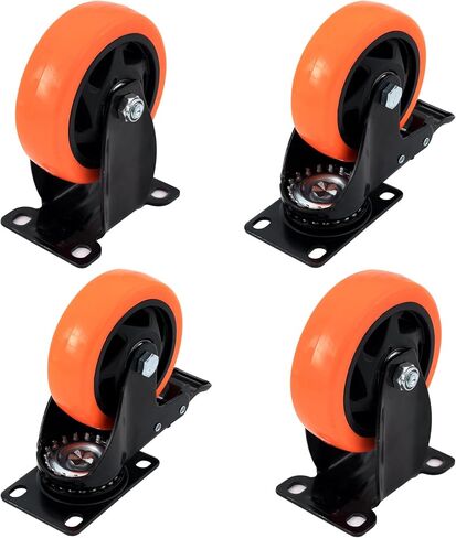 XIKE 4 PCS Orange 4 inch Heavy Duty Caster Wheels PU Rubber Swivel Casters with Top Plate & Strong Bearing (2 Fixed Directions 2 Arbitrary Directions) in Saudi Arabia