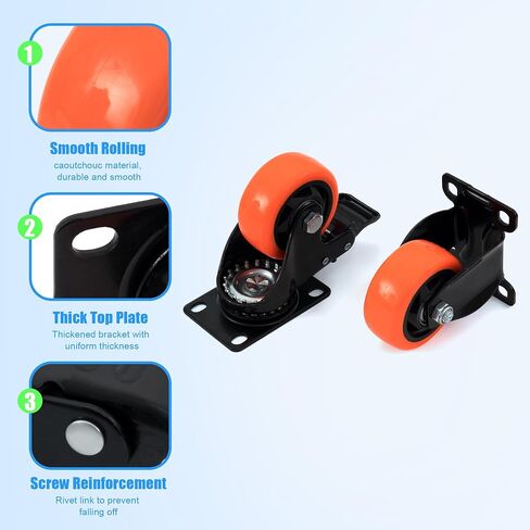 XIKE 4 PCS Orange 4 inch Heavy Duty Caster Wheels PU Rubber Swivel Casters with Top Plate & Strong Bearing (2 Fixed Directions 2 Arbitrary Directions) in Saudi Arabia