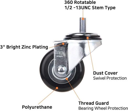 [T-REX CASTER] Easy Install, 3inch Heavy Duty Casters, All Swivel 1/2-13UNC *1 Stem Caster with Polyurethane Wheel. Load Capacity - 750 Lbs Per Caster (Pack of 4) Unversal Fit. T503S-2(D/B) LN in Saudi Arabia