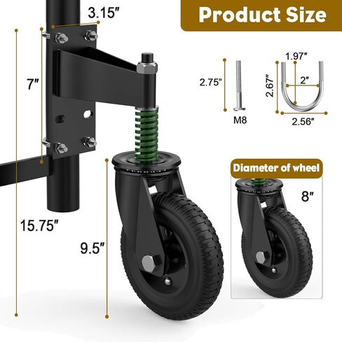 8" Gate Wheel, 600LB Capacities with 360 Degree Rotation, Tire Level Solid Heavy-Duty Gate Casters, Spring Shock Absorption Gate Wheels for Wooden, Metal and Tube Gates, Complete Fittings in Saudi Arabia