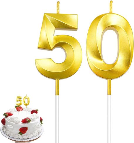 50th Birthday Candles, Gold Number Candles, 3D Design Cake Topper, Happy Birthday Cake Candles for Men Women Birthday Party Anniversary Celebration Wedding Anniversary Supplies Decoration Theme Party in Kuwait