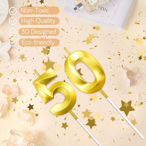 50th Birthday Candles, Gold Number Candles, 3D Design Cake Topper, Happy Birthday Cake Candles for Men Women Birthday Party Anniversary Celebration Wedding Anniversary Supplies Decoration Theme Party in Kuwait