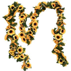 2 Pack Artificial Sunflower Garland Faux Silk Decor Sunflower Vine Hanging Flowers for Outdoor ​with Green Leaves Home Wedding Party Decoration