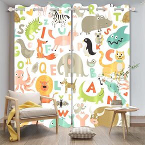 Cartoon Animals Window Curtains A-Z Letters Chart Kids Study Educational Tools Colorful Window Drapes 2 Panel Set for Child Room Nursery Kindergarten Window Treatments Fabric, 42x84 Inch