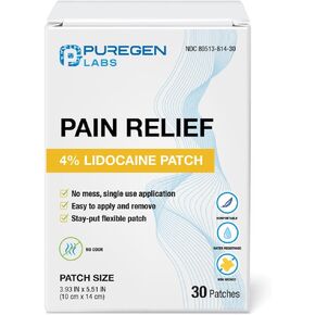 Puregen Labs Lidocaine 4% Numbing Patch Maximum Strength | Fast Acting Temporary Relief of Aches | Back, Neck, Shoulders, Elbows, Knees - Unscented | 30 Patches