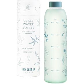 32 oz Glass Water Bottle with Time Marker, BPA Free Borosilicate Glass, Premium Leakproof Reusable Water Bottle with Times to Drink (Sage Serenity)