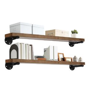 Industrial Pipe Wood Wall Shelf - 36" Espresso Real Wooden Shelving - Modern Interior Decor Floating Shelves w/Iron Pipe Brackets - Rustic Farmhouse Style Bookshelf - Set of 2