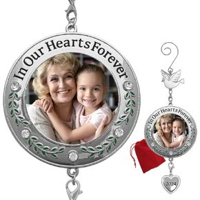 Memorial Christmas Photo Ornament - in Our Hearts Forever - 2024 Remembrance Keepsake with Clear Gems and Floral Accents - Comes with a Dove Hook and a Dated Charm - Gift/Storage Bag Included