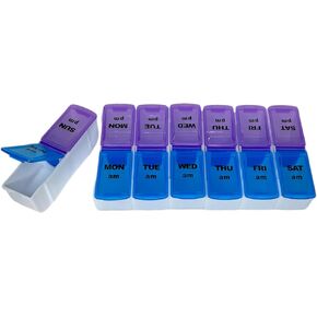 7 Day AM PM Large Compartment Pill Box Case Organizer Easy Open Detachable Portable, Twice a Day Weekly Pill Box with Large Compartments, Medication and Vitamin Organizer Purple/Blue