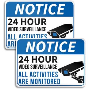2 PC 24 Hour Video Surveillance Sign - 10x7 Aluminum Smile Your on Camera Signs - No Trespassing Signs Private Property - Security Camera Sign