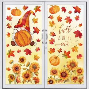 Whaline 6 Sheets Fall Window Clings Watercolor Sunflower Gnome Truck Maple Leaf Window Stickers Double-Sided Window Decals for Autumn Thanksgiving Harvest Home School Accessories Party Supplies Gifts