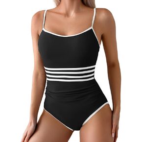 Eomenie Women's One Piece Swimsuit Tummy Control Bathing Suit Spaghetti Strap Color Block Swim Suit 1 Piece Slim Swimwear