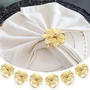 KAKALUOTE Christmas Napkin Rings Set of 6,Hollow Out Flower Napkin Ring Holder for Wedding Decor,Banquet,Christmas Dinner Party,Thanksgiving and Various Party Decorations (Gold)