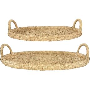 Bloomingville Decorative Handwoven 24" & 28" Oval Seagrass & Rattan Handles (Set of 2 Sizes) Tray Set, Natural