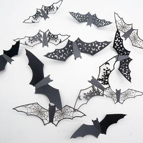 24 Pcs Hollow Bat Wall Stickers Halloween Bats Wall Decor Spooky Wall Decor Horror Black Bats Wall Decals Scary Halloween Party Indoor Supplies for Glass Window Indoor and Outdoor Home Decor